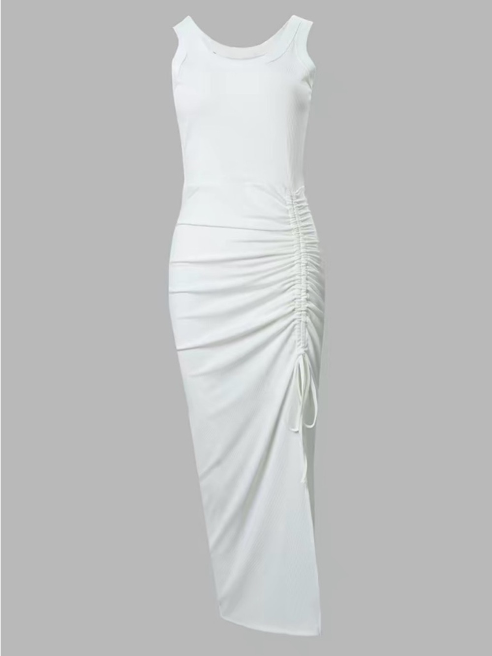 White Sleeveless High-Low Ruched Side Maxi Dress